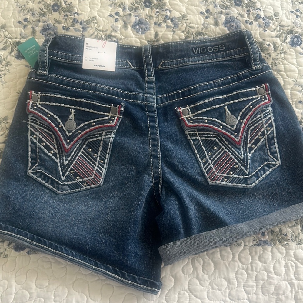 Vigoss Blue Denim Shorts with Red and White Embroidery